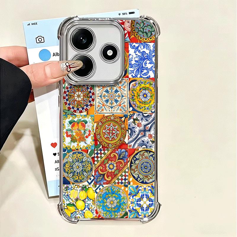 Italian Sicilian Style Floral Pattern Plating Phone Case For Xiaomi Poco X5 X6 X7 X8 Pro Max F8 Ultra F7 M8 M7 M5S Redmi 15C 15