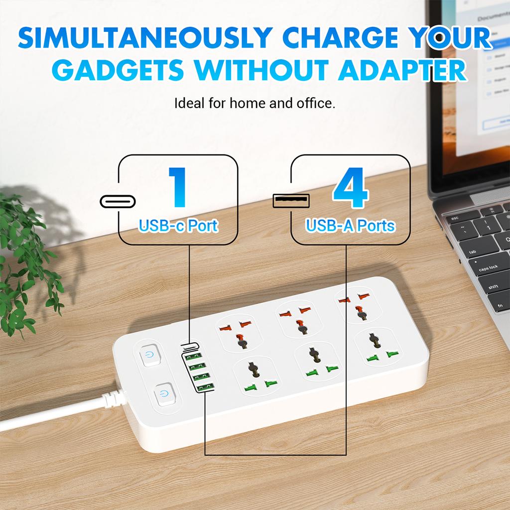 Power Strip Surge Protection Multi Socket 6 Outlets UK/US/EU Plug 1.8m Extension Cord with Type C 4USB Port Electrical Table Socket