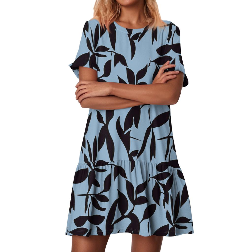 Women's Fashion Casual Round Neck Short Sleeve Ruffled Vintage Printed Dresses