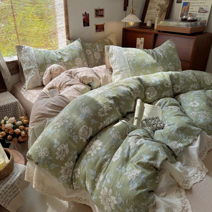 

2026 Retro French Lace Print 4-Piece Set 1.2m Flat Sheet 3-Piece Set - Duvet 150*200