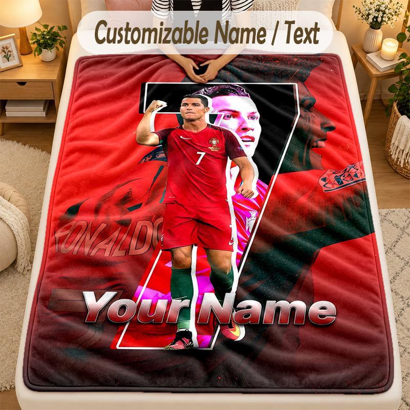 Flannel BlanketCristiano Ronaldo Custom Name Text Personalized Soft Warm Throw Blanket Home Decor Gift