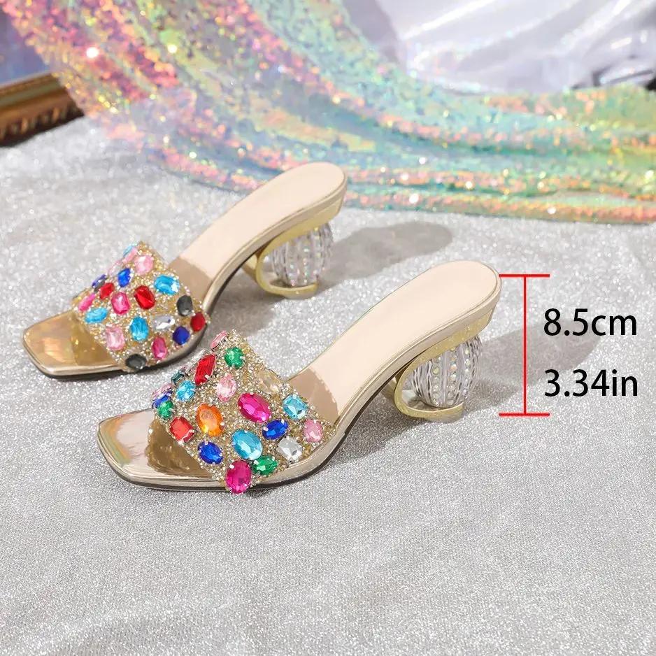 Glänzende Bunte Strass-Sandalen Hausschuhe Damen Transparent Dicker Boden Partykleid Mules Hohe Absätze 2026 Sommer Mit Absatz