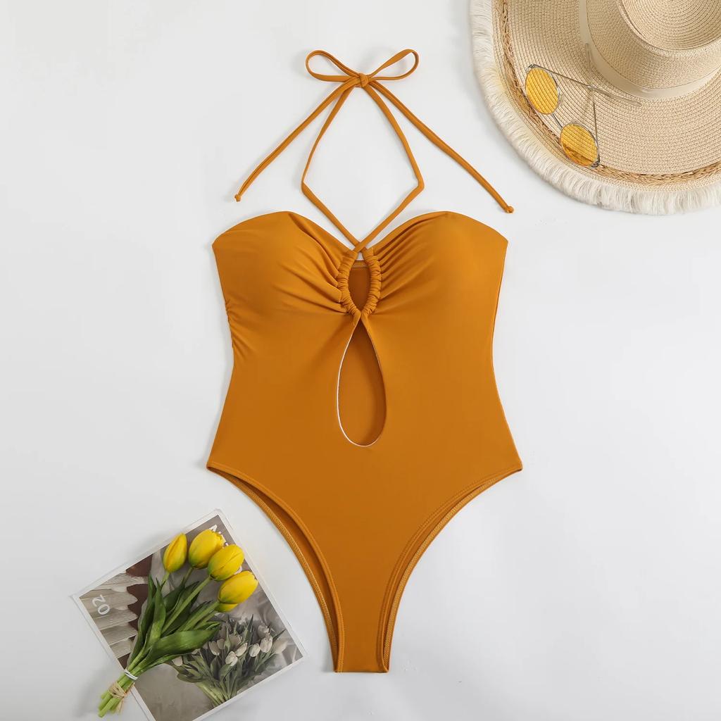 Sexy Halter Top Bikinis Bandeau Swimwear One Piece Women Swimsuit Female Bath Bathing Suit Swimming for Beach Wear Monokini