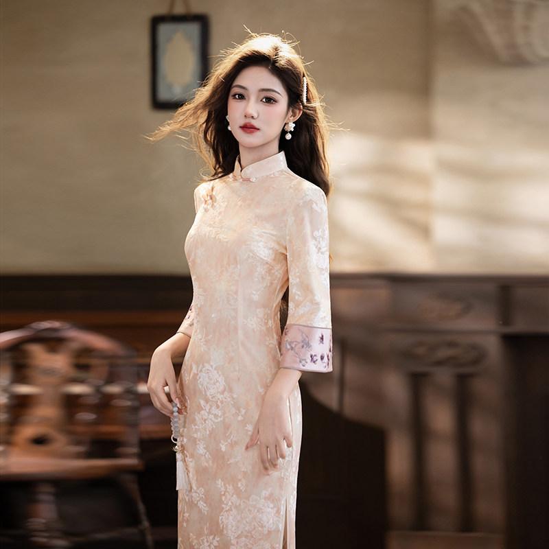 Pink national style new Chinese Suzhou long-sleeved autumn cheongsam improved young 1011 new women's high-end feeling spring and autumn