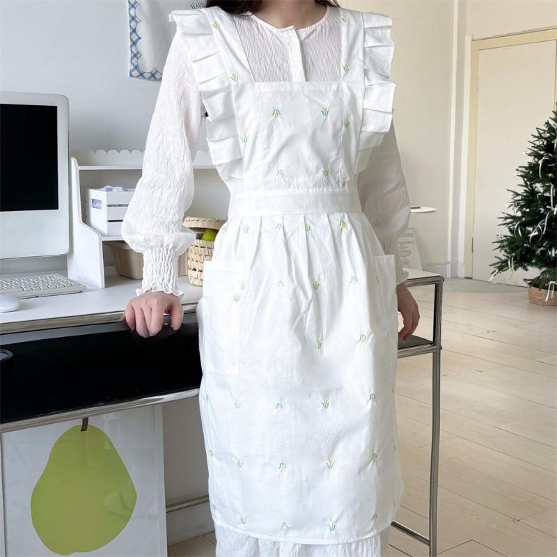Embroidered Cotton Apron Ruffled Shoulder Strap with Pockets Floral Kitchen Cooking Apron for Home Cafe жёлтый