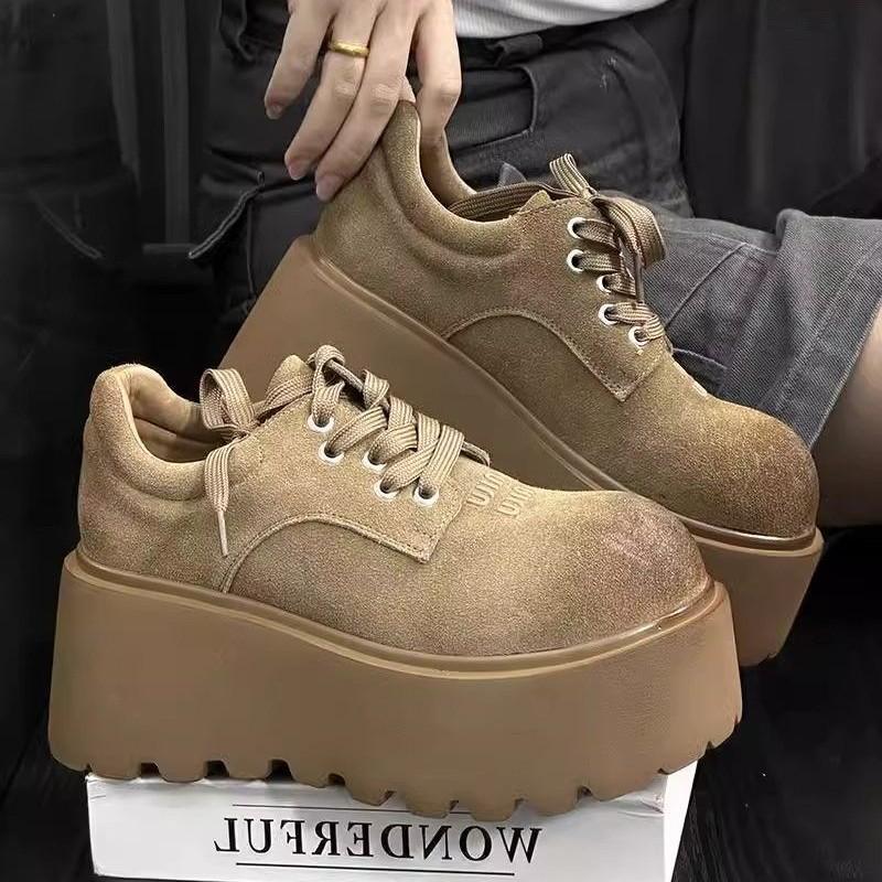 Fashion Frosted Cowhide Muffin Thick-soled Small Leather Shoes Women's Retro Polished Round Head Lace-up Small Height-enhancing Loafers