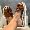 Summer New Slope Heel Bow Cool Slippers Female Amazon Beach Thick Bottom Hemp Rope Large Size Slippers
