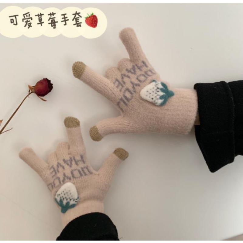 Cartoon Thermal Gloves Women Winter Thickened Cute Couple Student Cold Knitted Wool Riding Five Fingers