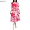 ZANZEA Rochie lungă cu mânecă scurtă și guler rotund, casual, cu imprimeu floral, pentru femei