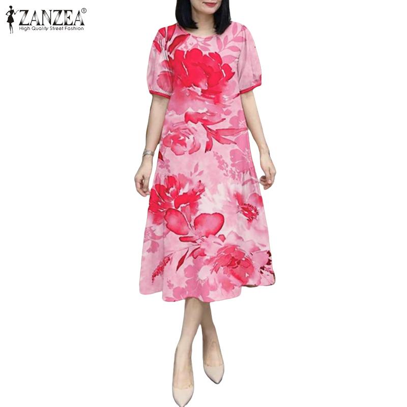 ZANZEA Rochie lungă cu mânecă scurtă și guler rotund, casual, cu imprimeu floral, pentru femei
