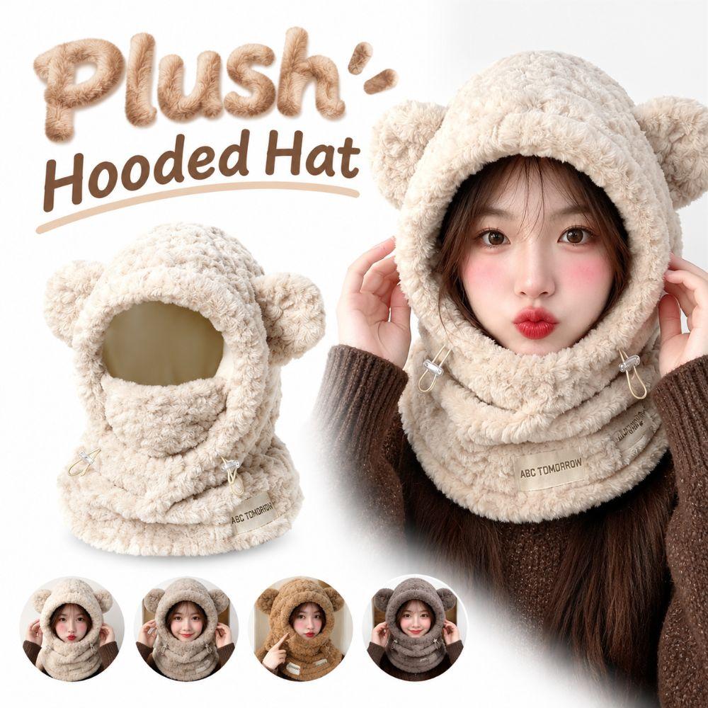 Adjustable Drawstring Hat Scarf Combo Thickened Warm Winter Balaclava Plush Hooded Hat for Women