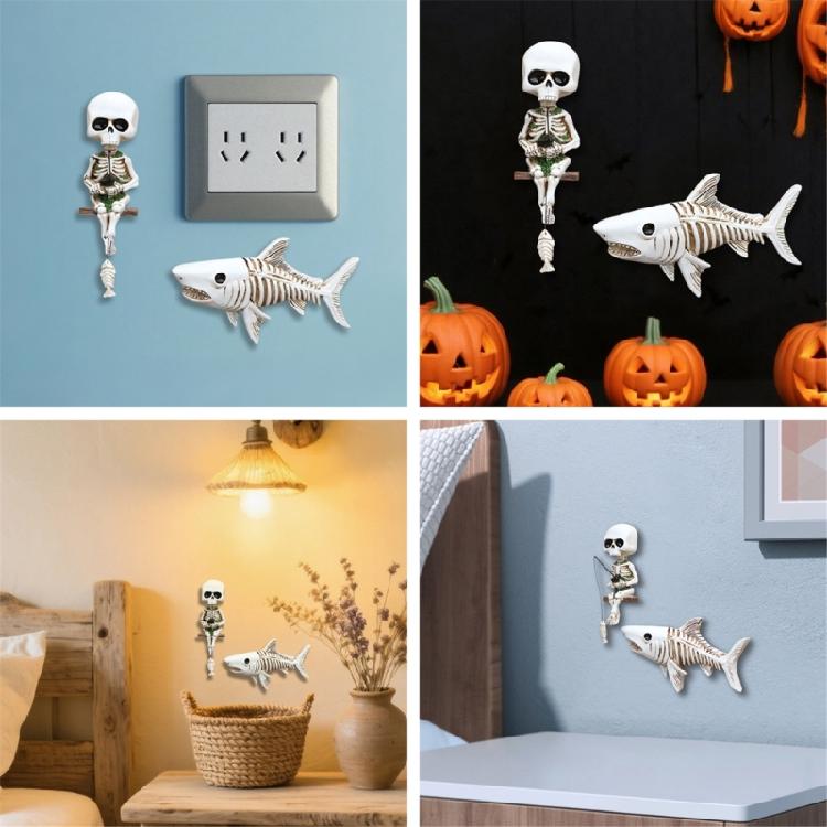 2Piece Skeleton Angler Shark Statue Set Resins Wall Decors For Halloween Parties Aquariums Enthusiasts Or Horror Collectors
