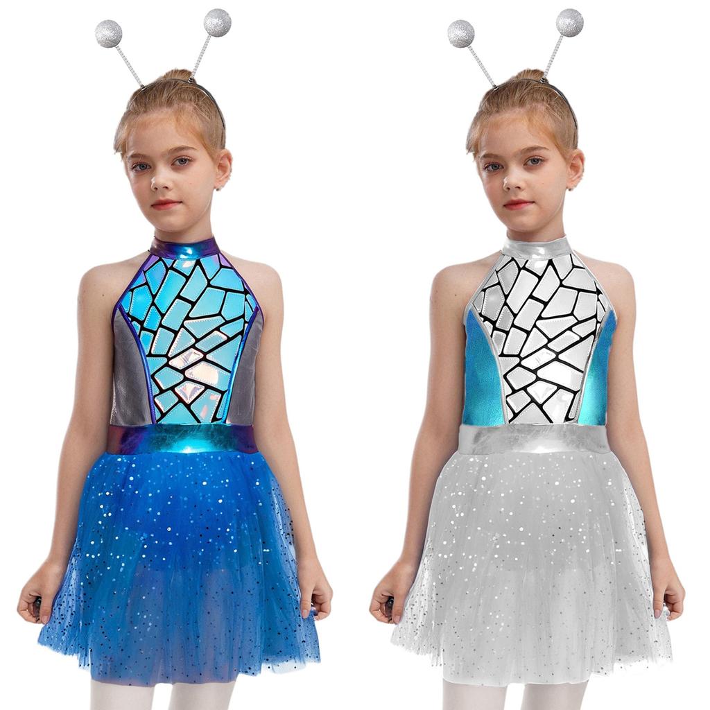 Girls Shiny Metallic Alien Costume Halter Sleeveless Built In Briefs Press Buttons Mesh Tutu Dress Hair Hoop Set