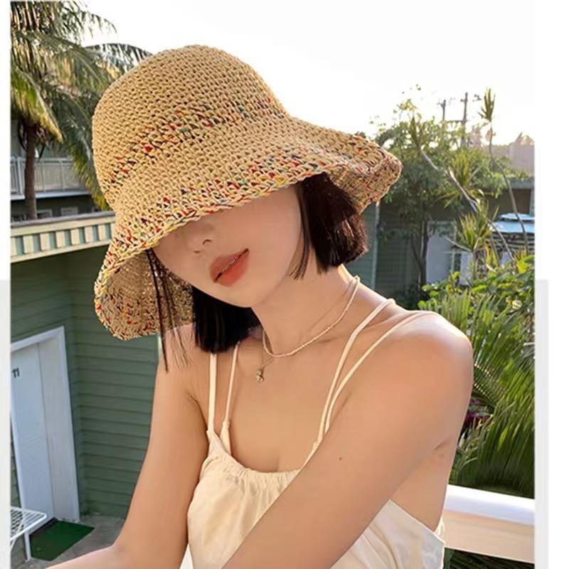Crochet straw hat summer hollow sunscreen visor breathable not sultry colored vacation wind wide brim woven straw hat women