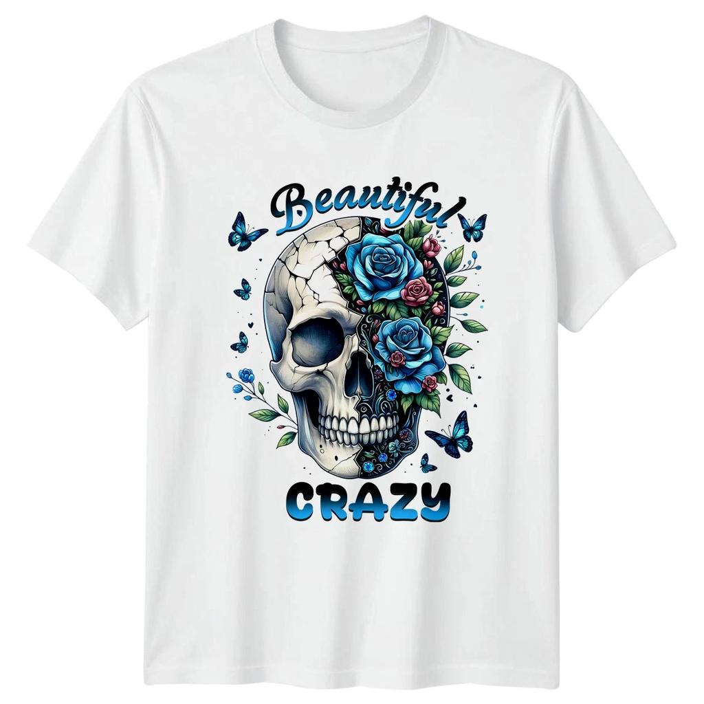 Beautiful Crazy Womens T-Shirt Floral Skull Graphic Tee Birthday Gift For Her