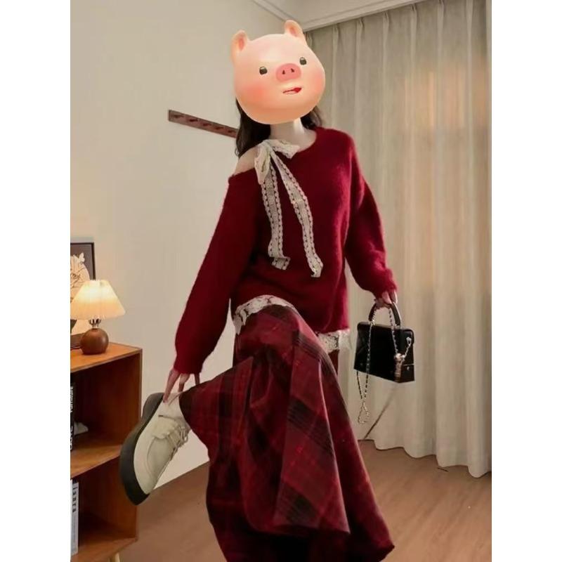 

Зимний новый красный свитер с кружевной вставкой, женский высококлассный вязаный свитер в стиле ленивый ветер, женский топ one size fits all красный