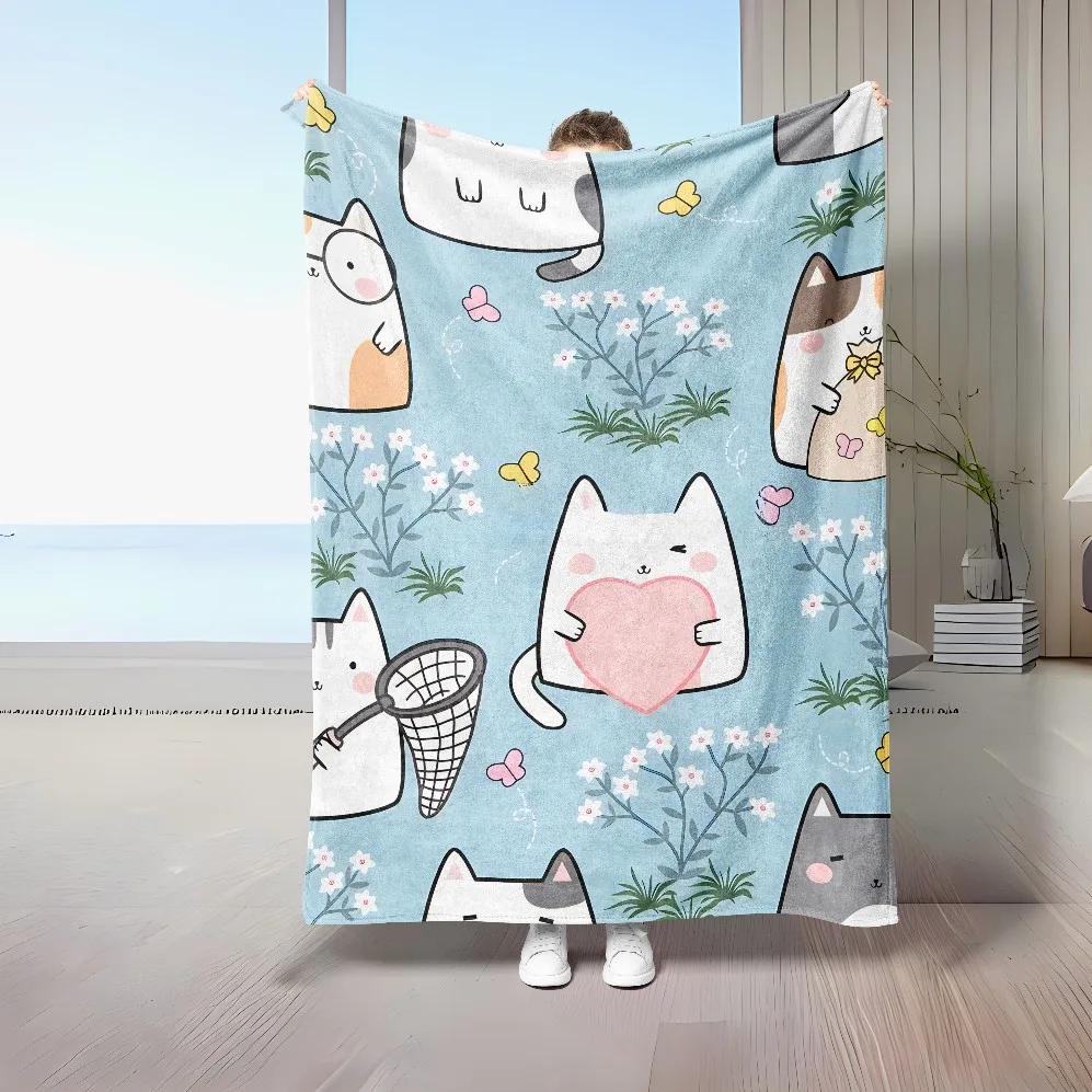 Cute Cat Print Flannel Throw Blanket for Home Sofa Nap Gifts Perfect for Children and Students Family Love Cat Blankets