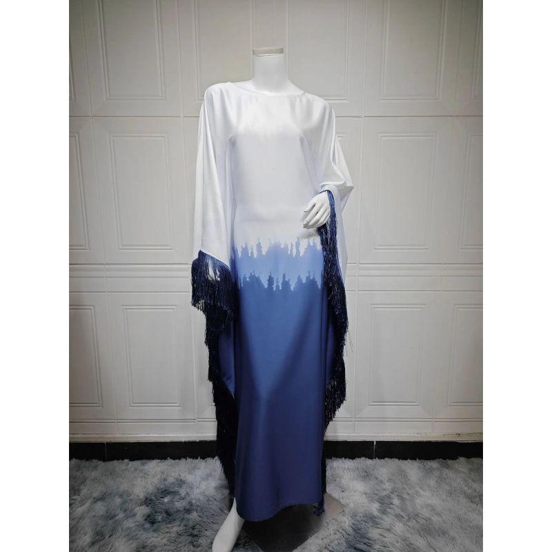

Middle East Dubai Travel Dress Tassel Robe European and American Long dress New Gradient Print Dress Dark Blue One size