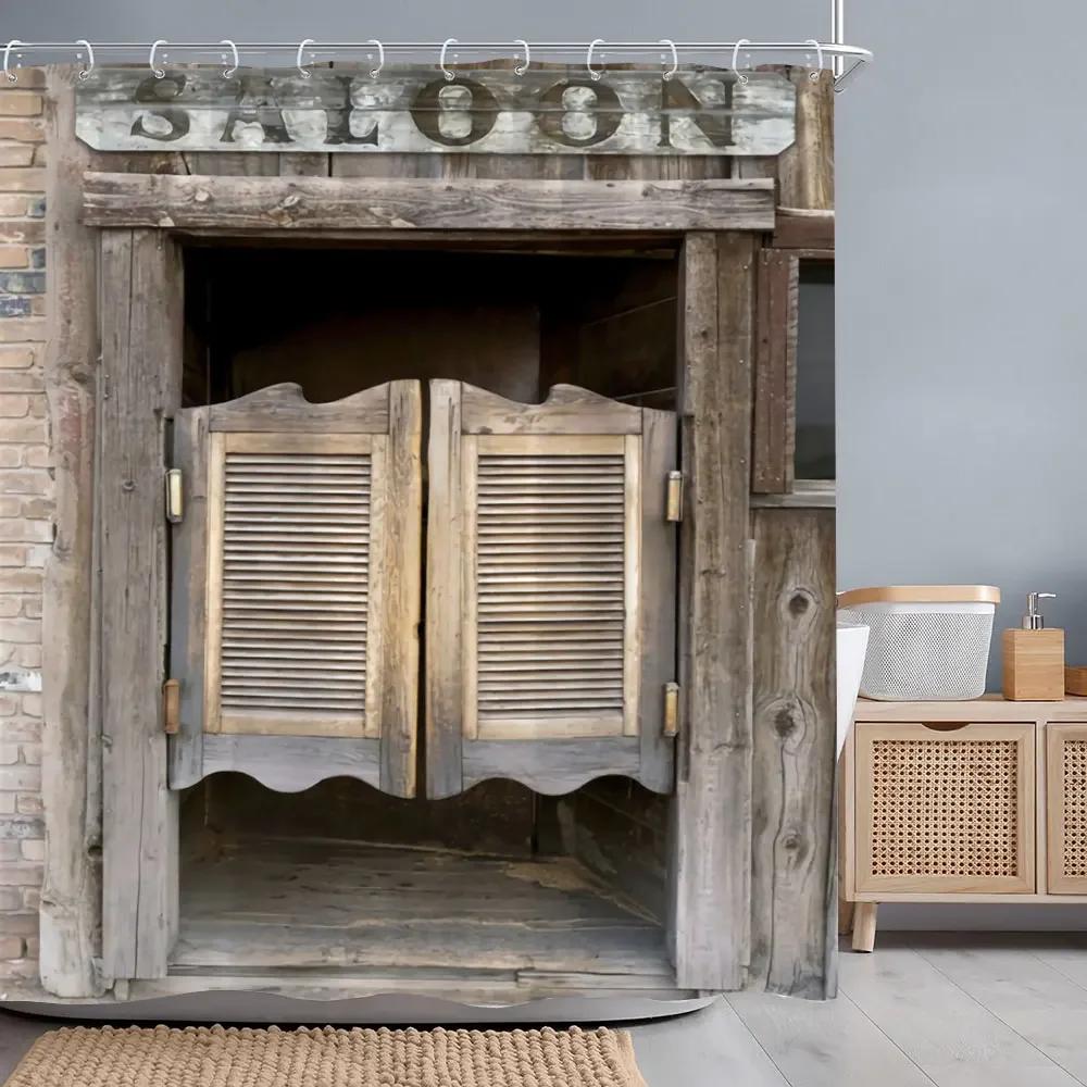 Retro Rustikale Holztüren Duschvorhänge Vintage Bauernhaus Scheune Alte Tür Heimdeko Wasserdichtes Polyester Badezimmer Vorhang Set