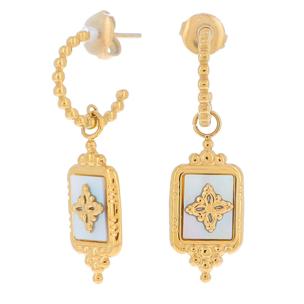 Les Trésors De Lily [R4375] - Designer Steel Hoop Earrings 'Cléopatra' Golden White (mother-of-pearl) - 15mm - 20x10mm