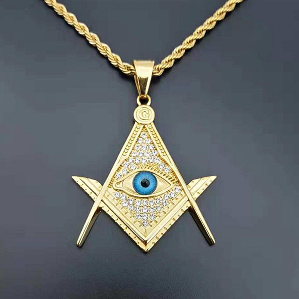 Hip Hop Iced Out Masonic All Seeing Eye Pendant Necklace Male Gold Color Stainless Steel Chain For Men Freemason Mason Jewelry