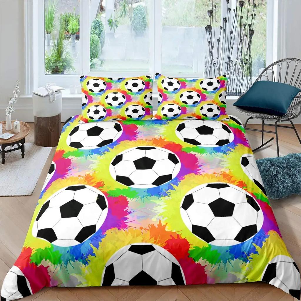 Colourful Football Soccer Duvet Cover Set King Queen Full Size Bedding Set with Pillowcases for Kids Polyester Comforter Cover