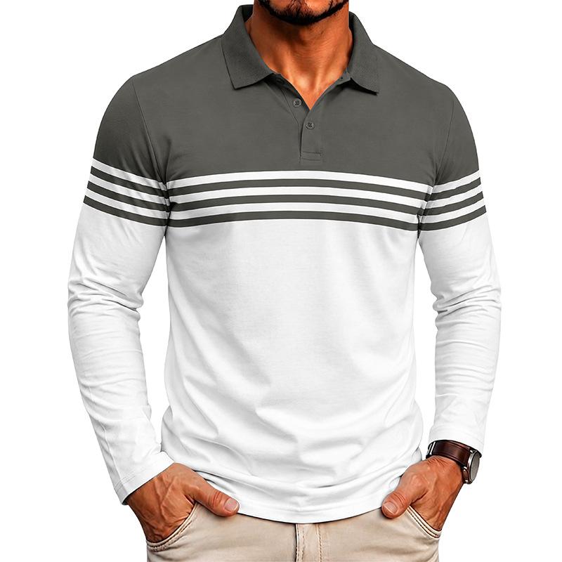 Men's Long Sleeve Polo Shirt with Striped Design, Casual and Versatile for Daily Wear.