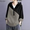 ZANZEA Damen Lässig V-Ausschnitt Locker Langarm Patchwork Kapuzenpullover Bluse