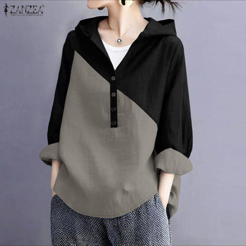 ZANZEA Damen Lässig V-Ausschnitt Locker Langarm Patchwork Kapuzenpullover Bluse