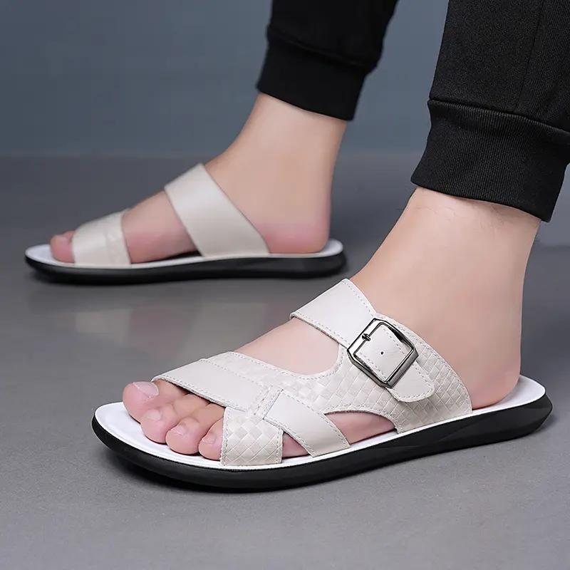 Men's Leather Slide Sandals Adjustable Buckle Casual Non-slip Summer Beach Slippers