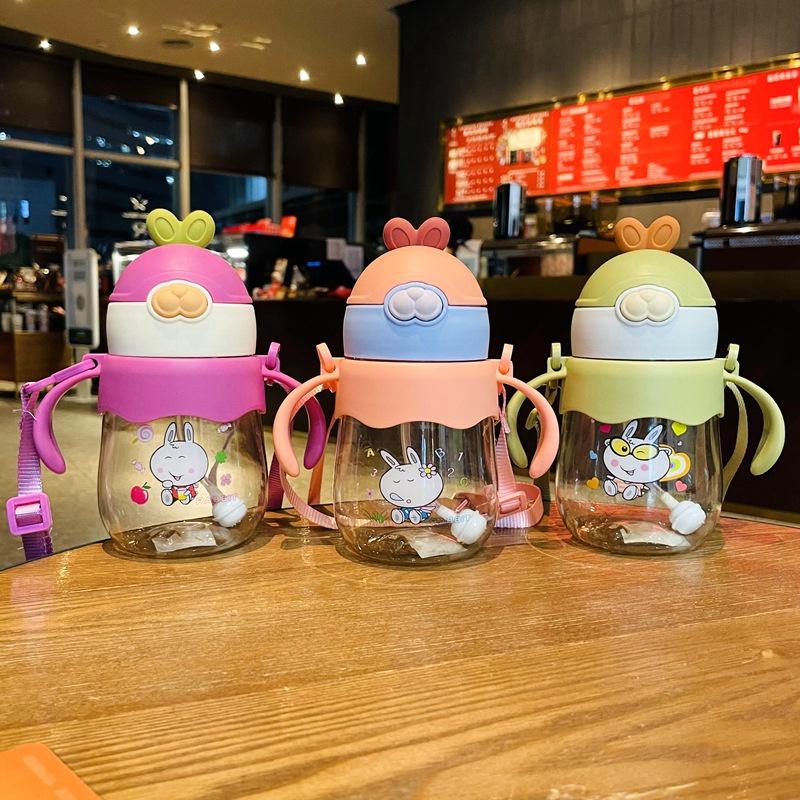 Neuer Kinder-Trinkbecher mit Strohhalm, Griff und Schultergurt, PC-Material, 450 ml, Lila/Rosa/Grün