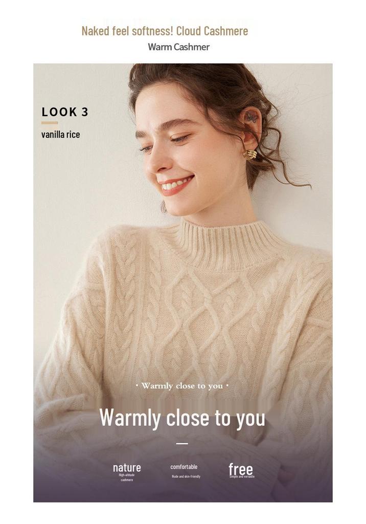 Versatile Women's Cashmere Cable Knit Sweater - Loose Slimming, Half-High Neck, Warm Base Layer