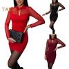 Women Dress Hollow Out Mesh Patchwork Slim Fit Sheath Mini Dress Fake Two-piece Turn-down Collar Elastic Short Dress for Club Party Prom