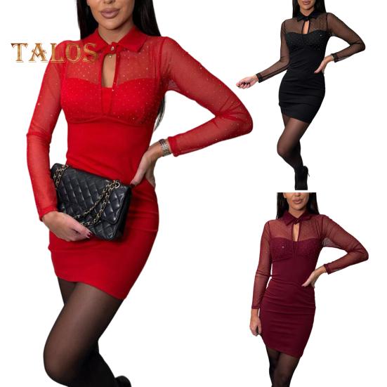 Women Dress Hollow Out Mesh Patchwork Slim Fit Sheath Mini Dress Fake Two-piece Turn-down Collar Elastic Short Dress for Club Party Prom