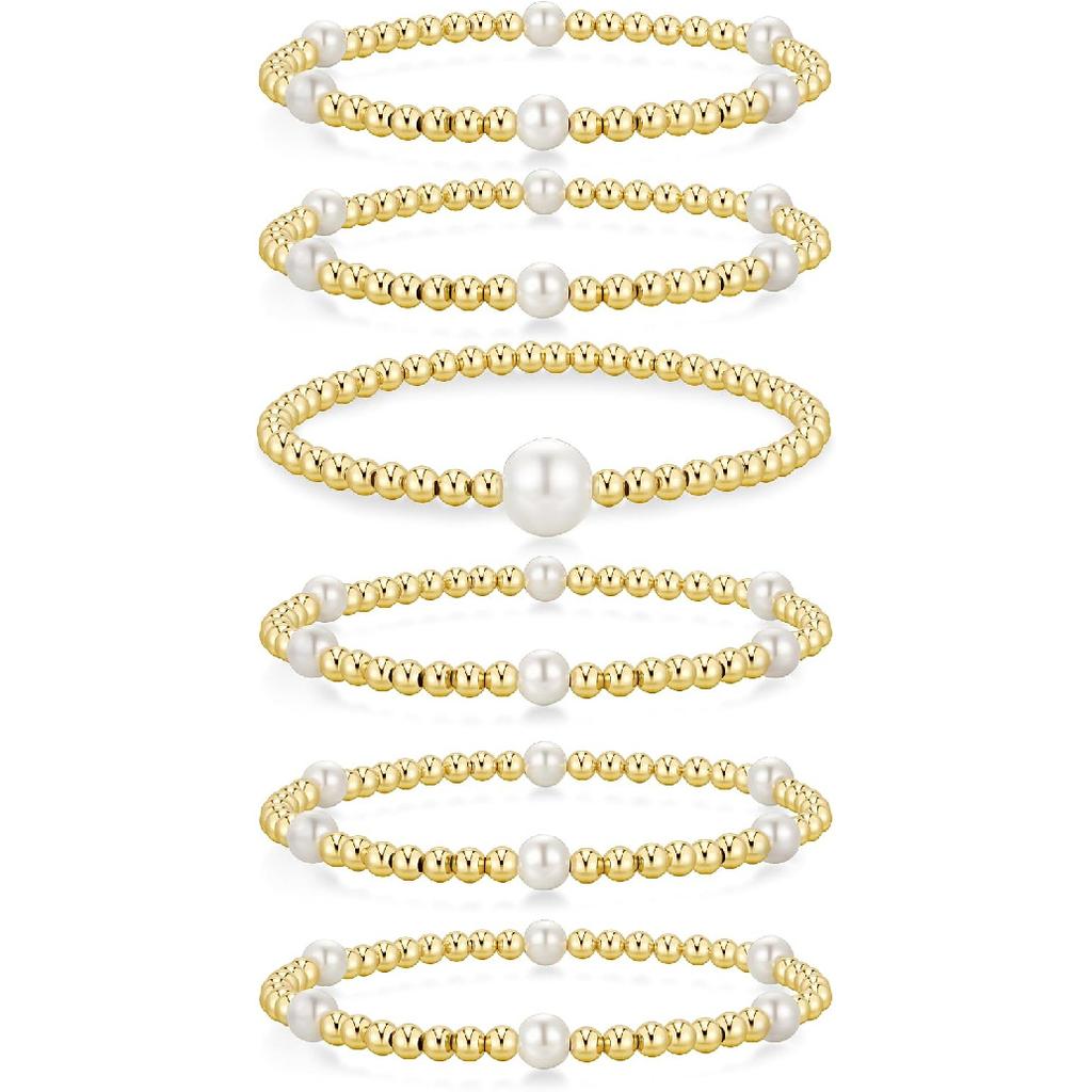 Yoosteel Gold Beaded Bracelets for Women Teen Girls, Gold Plated Jewelry | Gold Stackable Stretch Bracelets, Dainty Round Beaded Pearl Cross Bracelet