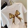 Women's Y2K Bow Printed T-shirt Short Sleeve Round Neck T-shirt with Sparkling Decorative Casual Round Neck Top Women's T-shirt
