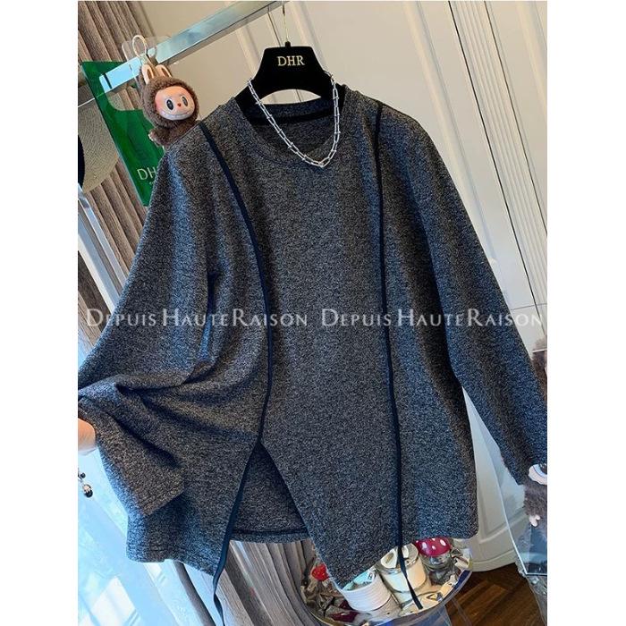 

Plus Size Spliced Hem Long Sleeve T-Shirt – Women s Loose Solid Color Design M (90-120 jin) сірий колір