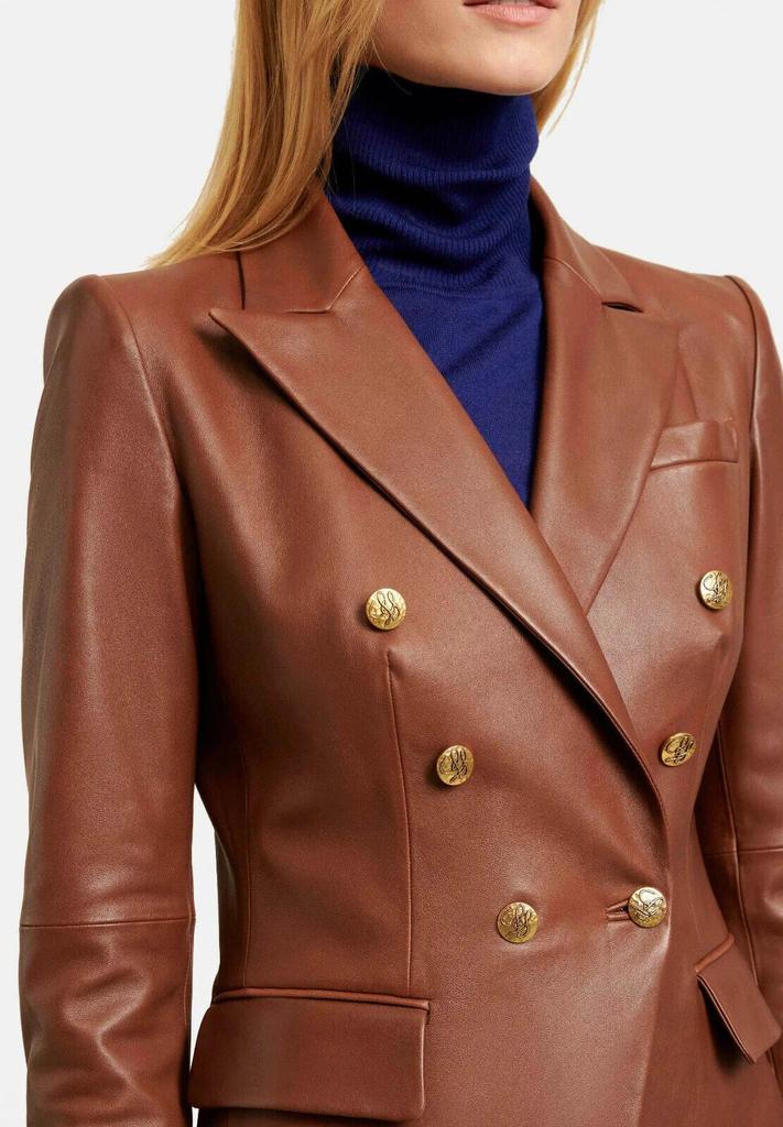 Stylish Button Women BROWN Party Classic Blazer Real Genuine Lambskin Leather