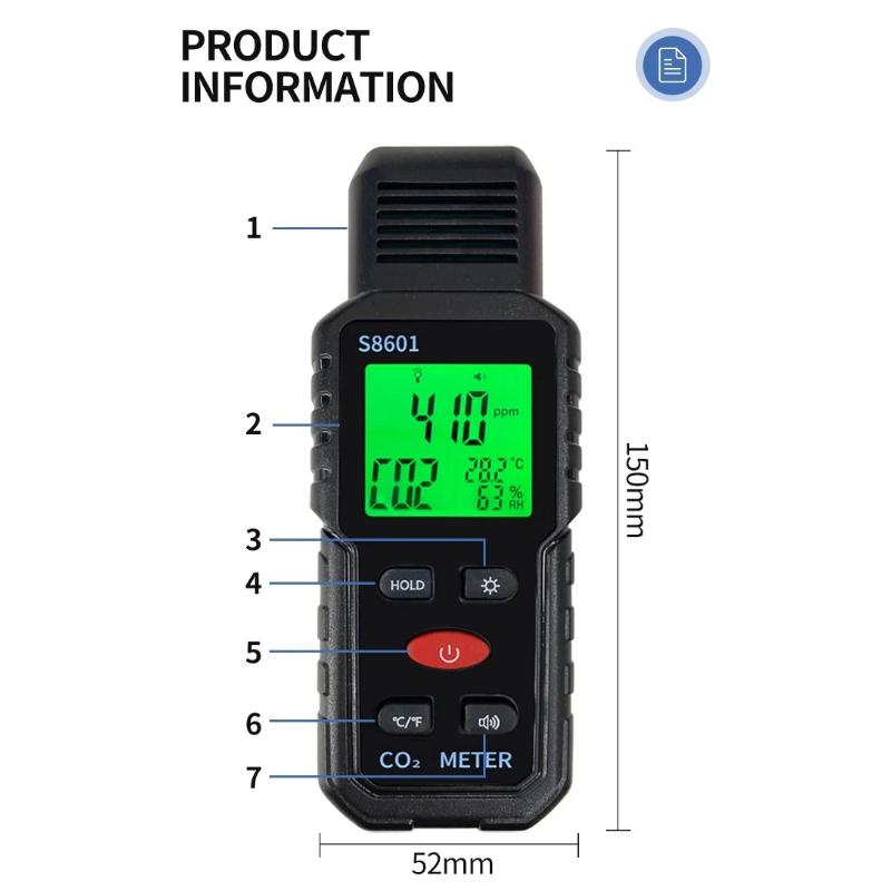 Portable Handheld CO2 Detector 400-5000ppm Carbon Dioxide Meter Air Quality Monitor Temperature Humidity Sensor with Alarm Digital Display for Home