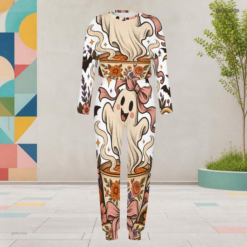 Women Plus Size White Halloween Ghost Printed Round Neck Long Sleeve Cuffed Two Piece Pants Set With Pockets