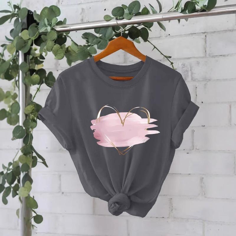 Pure Cotton Pink Heart-shaped Round-neck Loose Short-sleeved Casual Pure Cotton T-shirt