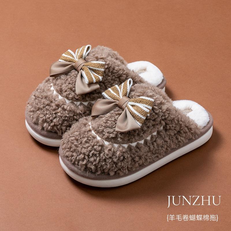 New winter women's wool roll butterfly cotton slippers warm indoor home non-slip fluffy slippers