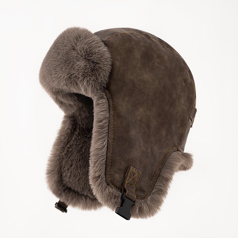 Leather Hat Lei Feng Hat Men Winter Thickened Pilot Warm Hat Women Northeast Windproof Cold Riding Headphones Bike Hat