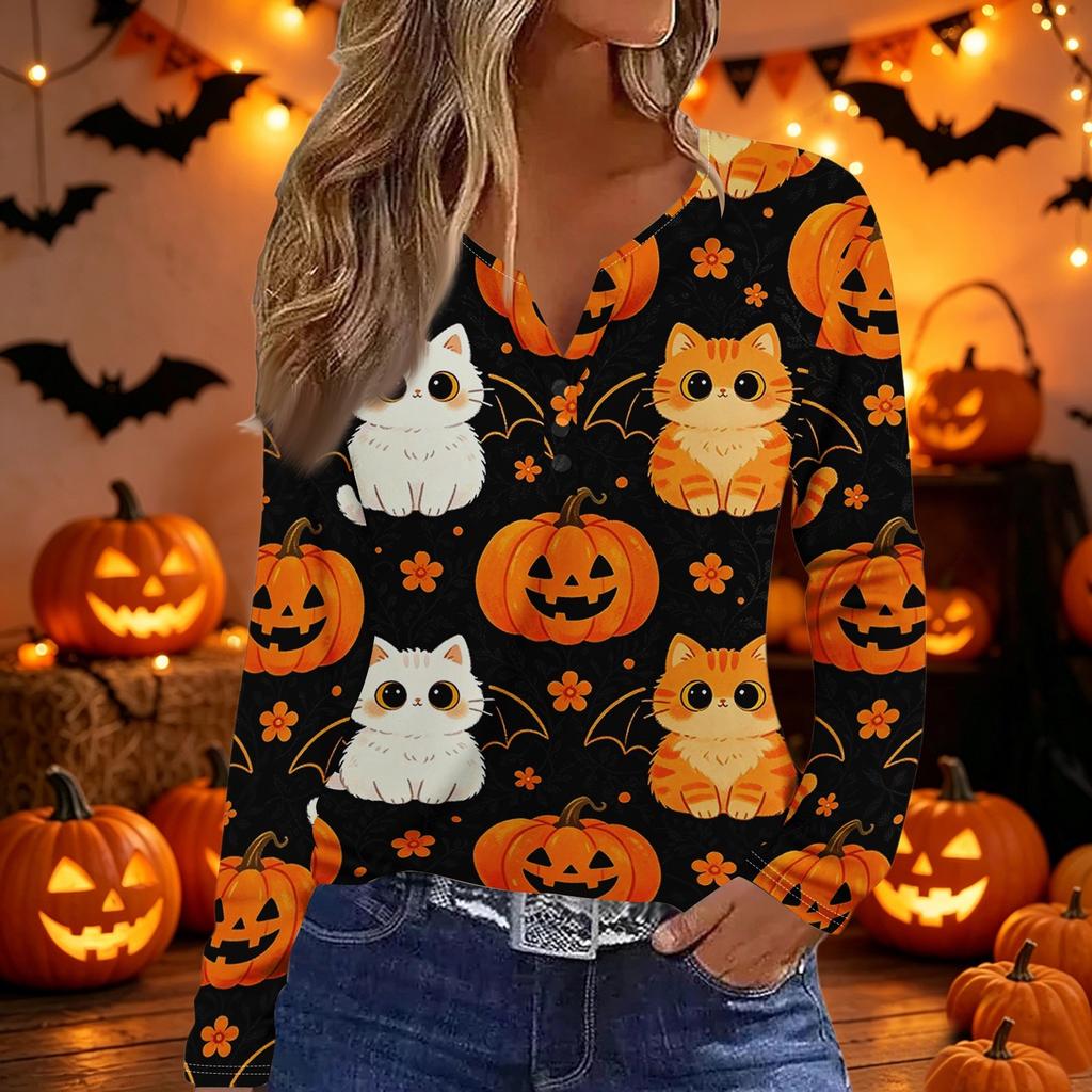 Women's Fashion Casual Halloween Print V Neck Decorative Button Long Sleeve T Shirt Top Lightweight Comfortable Fit