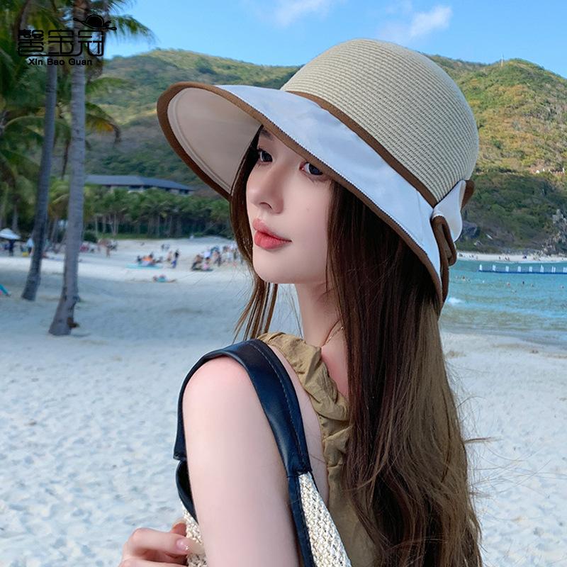 8456 Spring and summer bow bucket hat travel versatile sun hat children splicing sunscreen shade straw hat