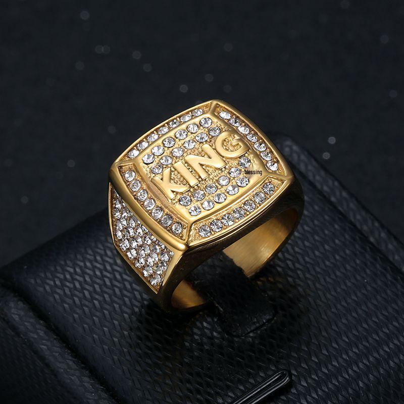 Goldplated American Steel European Titanium Rhinestone Hiphop King Mens Ring