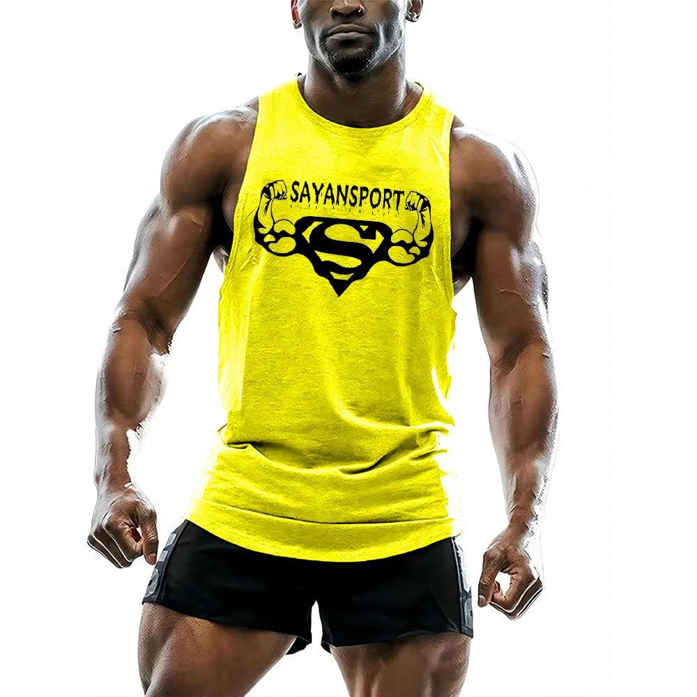 Summer Sports Breathable Sleeveless Vest Gym Fashion Casual Vest Tops Quick Dry Men's Fitness Barbell Print Running Shirt Vest
