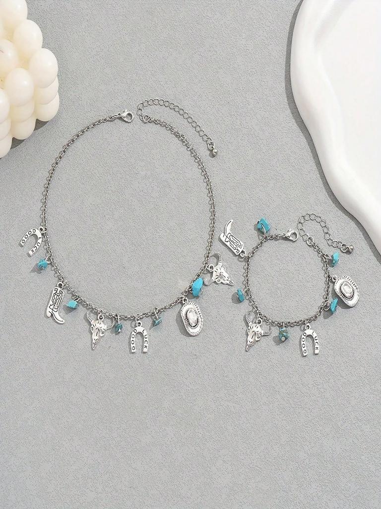 2pcs/Set Antique Western Cowboy Style Elements Turquoise Fashion Casual Cowboy Hat Boots Cow Head Charm Women's Retro Necklace Bracelet