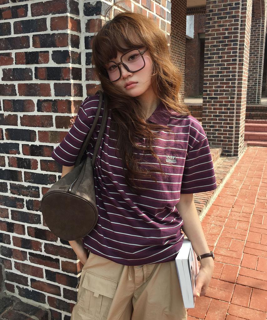 CGP (Women'S) Oversized Striped Short Sleeve Collared T-Shirt - Purple