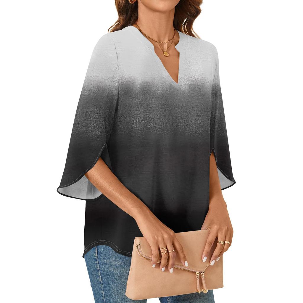 Womens Tops 3/4 Tiered Bell Sleeve V Neck Geometry Printed  Blouses Work Tunic Shirts